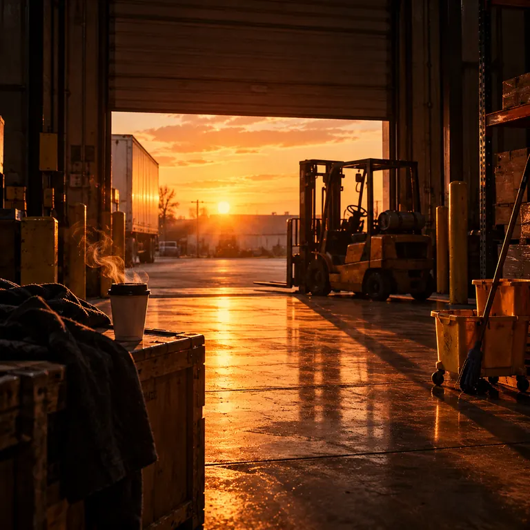 Clock Out Dream – AI-generated song cover art: sunrise pouring through a warehouse loading bay onto the wet floor, a parked forklift and a steaming paper cup