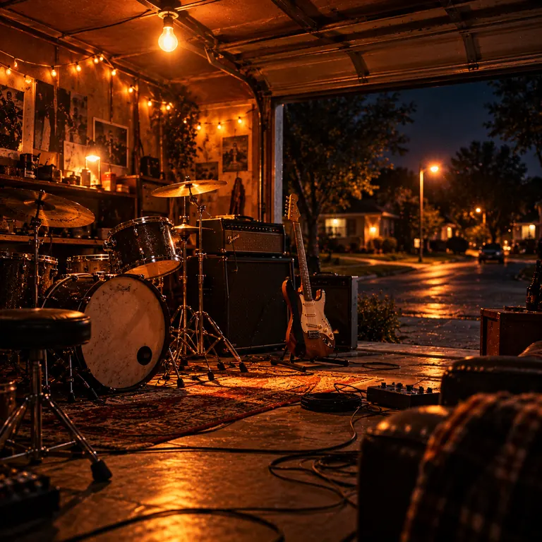 Garage Lights – AI-generated song cover art: a garage band setup at night with a drum kit, amps and an electric guitar under string lights, the door open to a quiet street