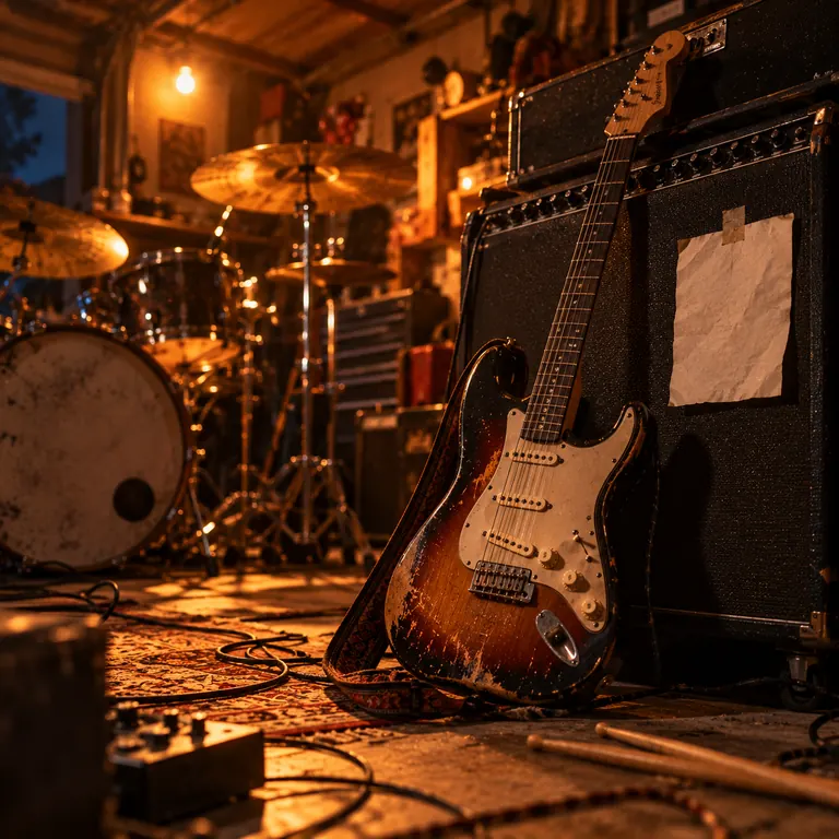 Garage Lights – AI-generated song cover art: a worn sunburst electric guitar leaning on guitar amps in a warm-lit garage, drumsticks on the floor and cymbals behind