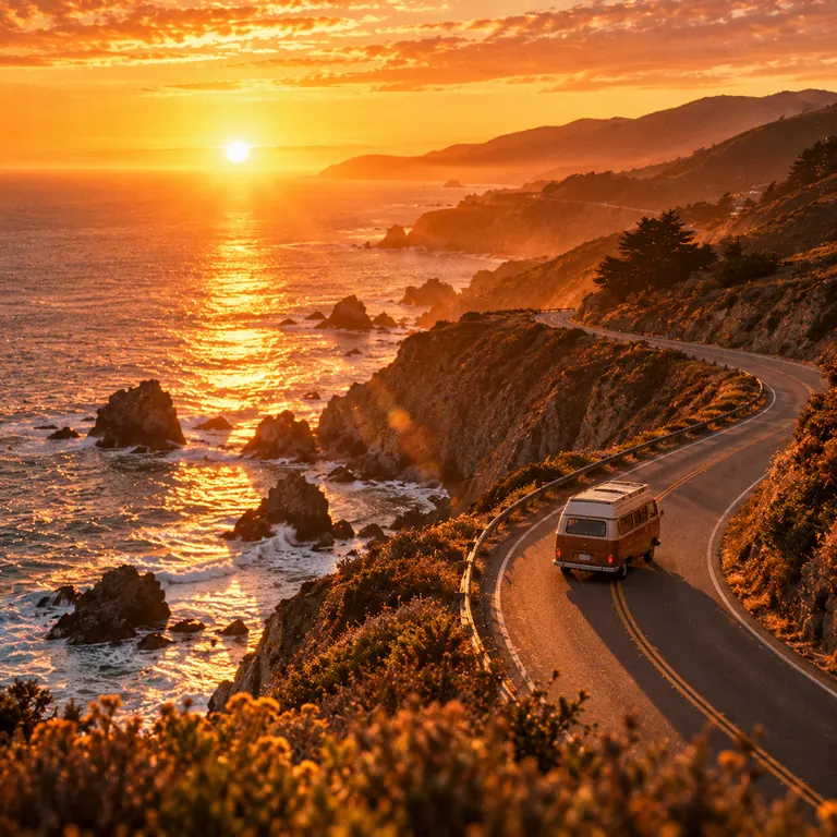 Golden Hour Drive – AI-generated song cover art: a vintage camper van on a winding coastal road above the ocean at sunset