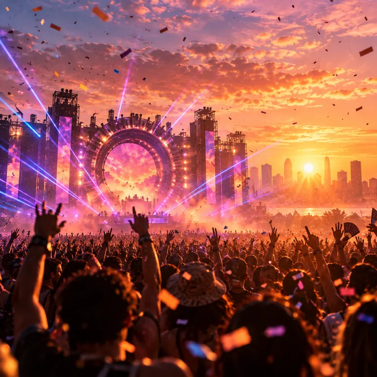 Neon Afterglow – AI-generated song cover art: a festival crowd with raised hands facing a main stage of lasers and confetti under a pink and gold sky