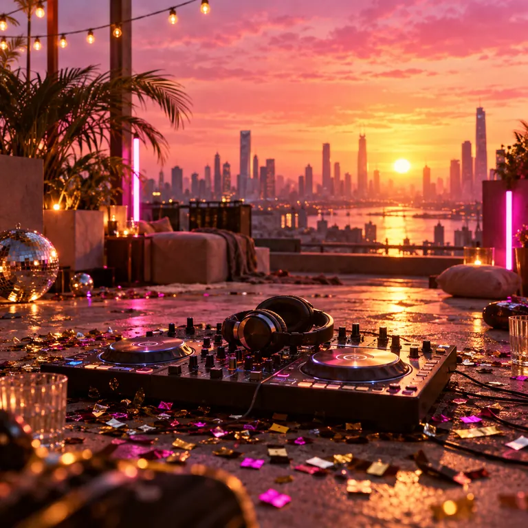 Neon Afterglow – AI-generated song cover art: a DJ controller and headphones among confetti on a city rooftop, neon lights, a disco ball and the skyline at golden hour