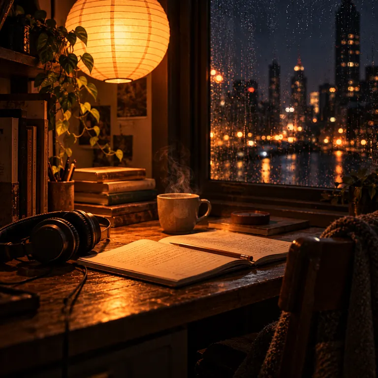 Paper Lantern Notes – AI-generated song cover art: a late-night study desk under a glowing paper lantern with an open notebook, headphones and tea, a rainy city outside