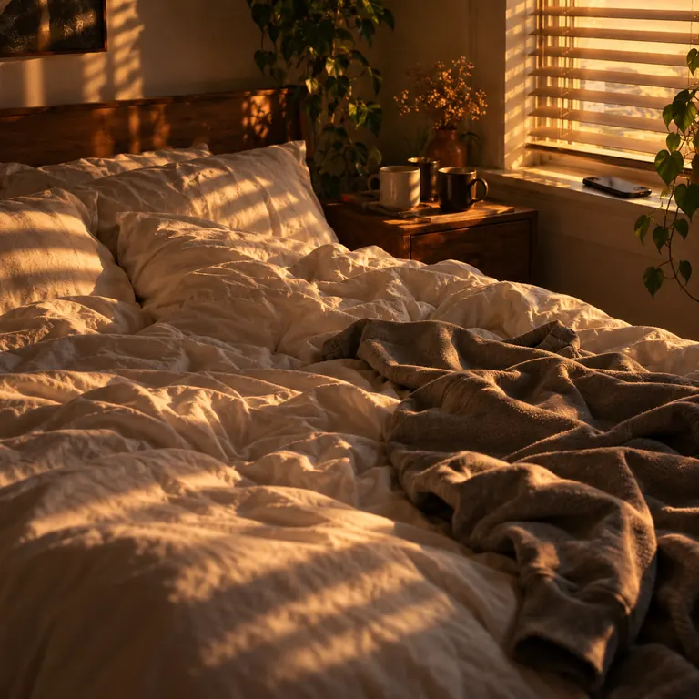 Slow Sunday – AI-generated song cover art: rumpled white sheets on a sunlit bed, two coffee mugs on the nightstand and morning light through the blinds