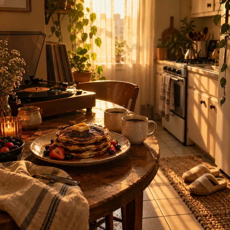 Slow Sunday – AI-generated song cover art: a sunny kitchen table with pancakes and strawberries, two coffee mugs, a record player and slippers on the floor