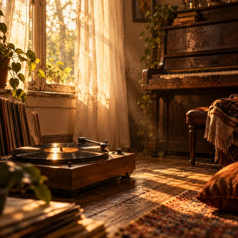 Vinyl Crackles – AI-generated song cover art: a turntable playing a record in a sunlit room with sheer curtains, an upright piano and houseplants