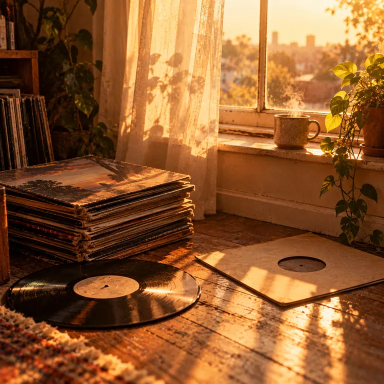 Vinyl Crackles – AI-generated song cover art: a stack of vinyl records and a record on the wooden floor by a sunny window, a steaming mug on the sill